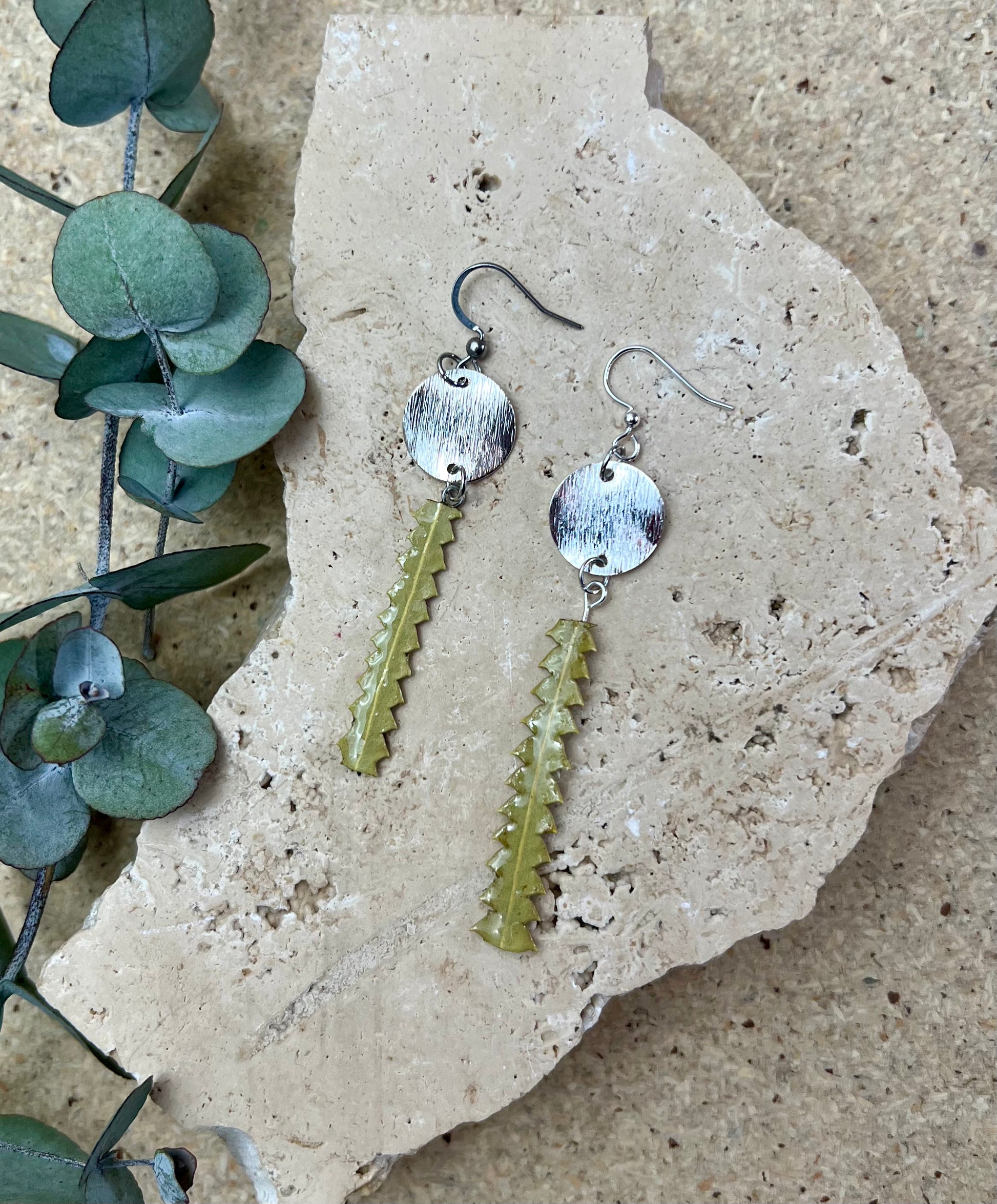Silver earrings with leaf-like pendants on a stone surface with eucalyptus leaves.