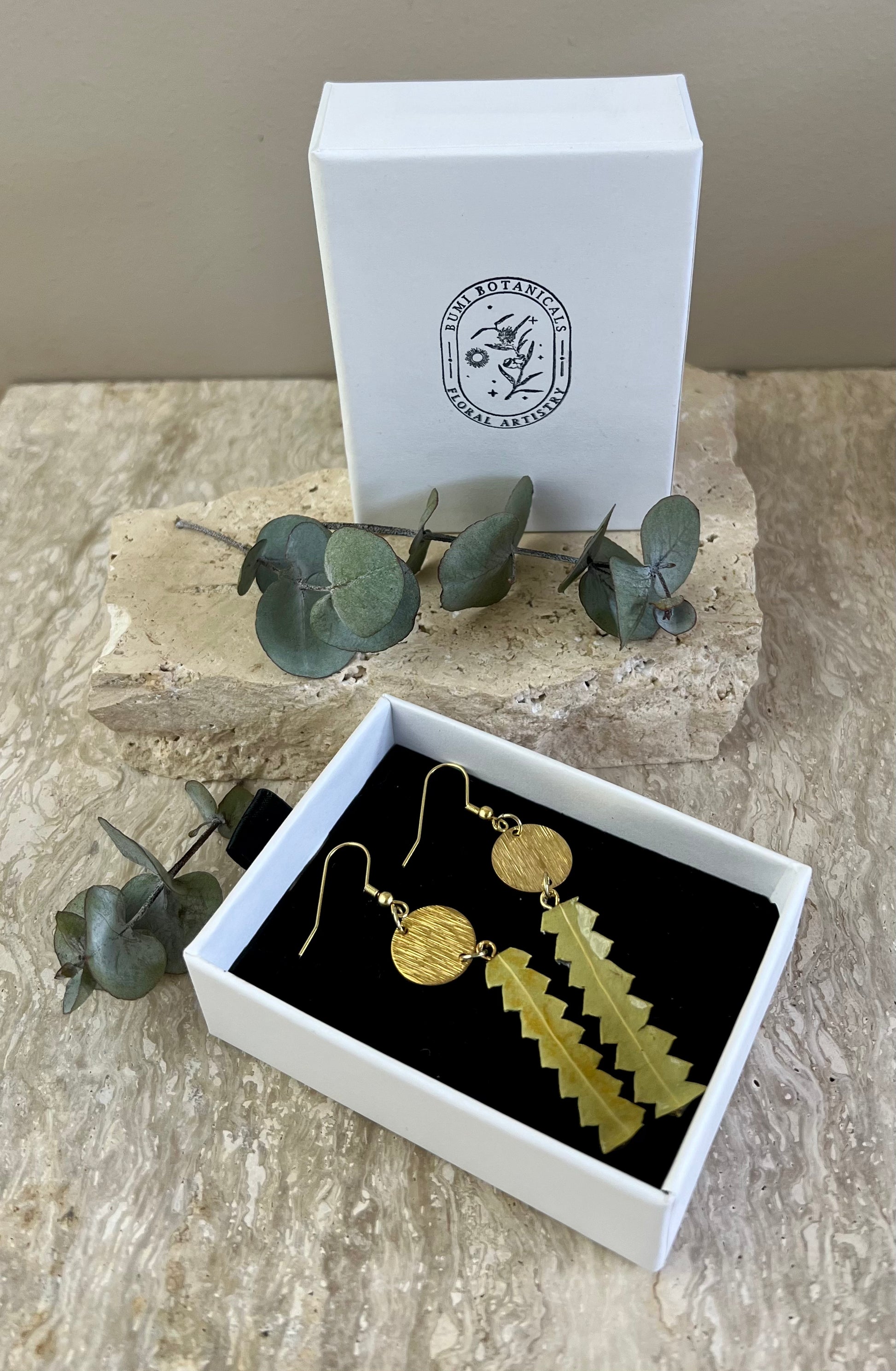 Gold earrings in a box with a white background