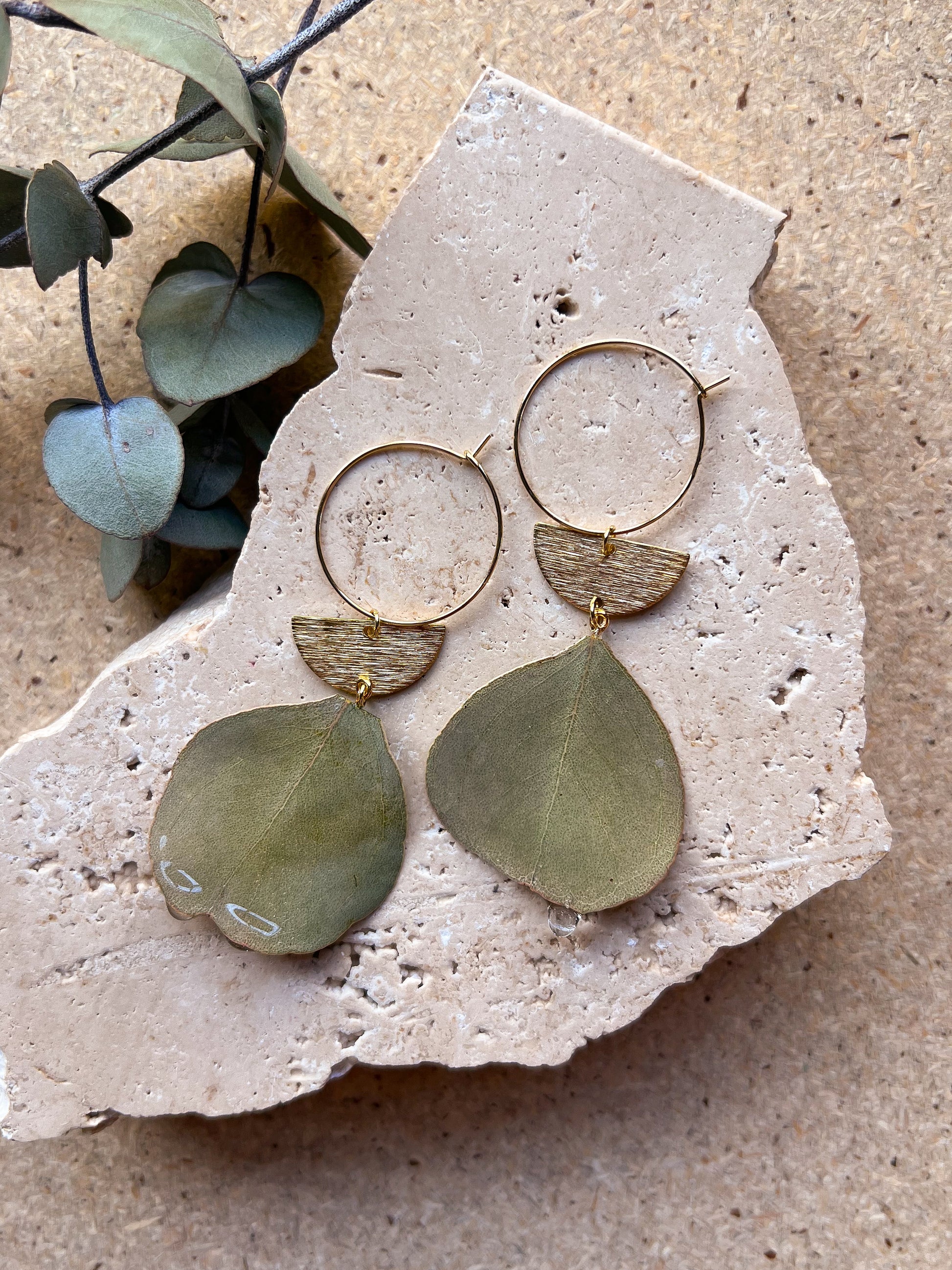 Silver and Gold earrings with leaf-like pendants on a stone surface with eucalyptus leaves.